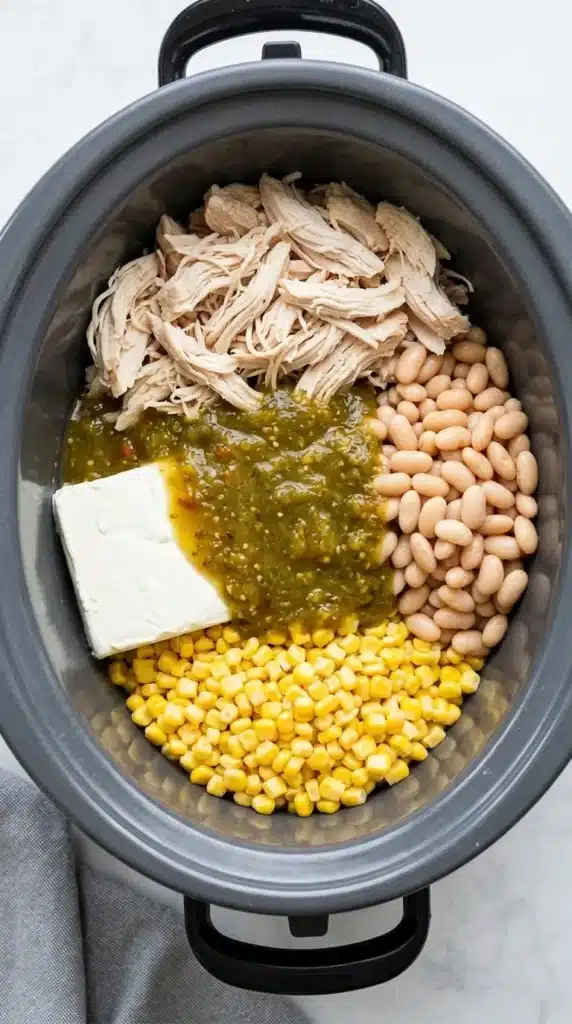 Green Chile Chicken Enchilada Soup ingredients layered in a slow cooker before cooking
