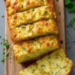 Green Onion Zucchini Cheddar Bread sliced on rustic wooden board