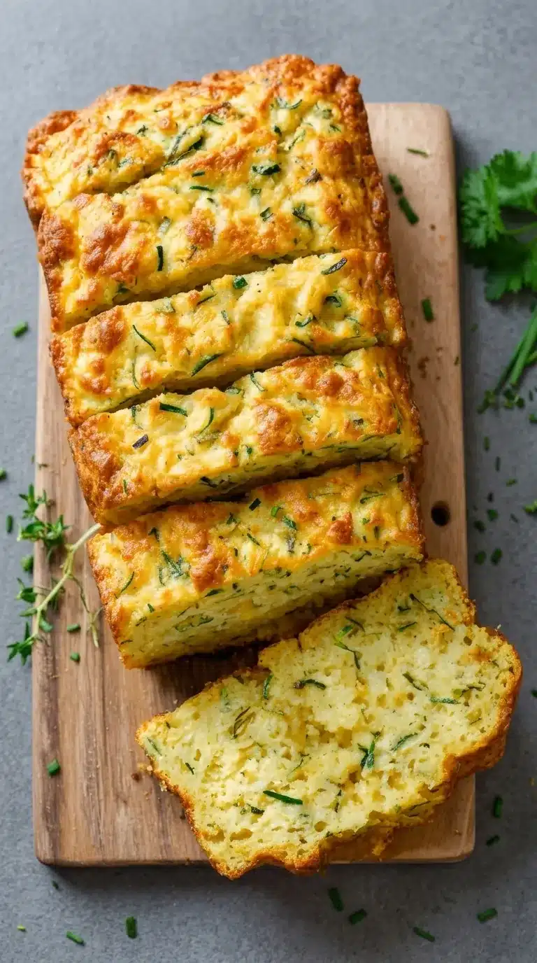 Green Onion Zucchini Cheddar Bread sliced on rustic wooden board