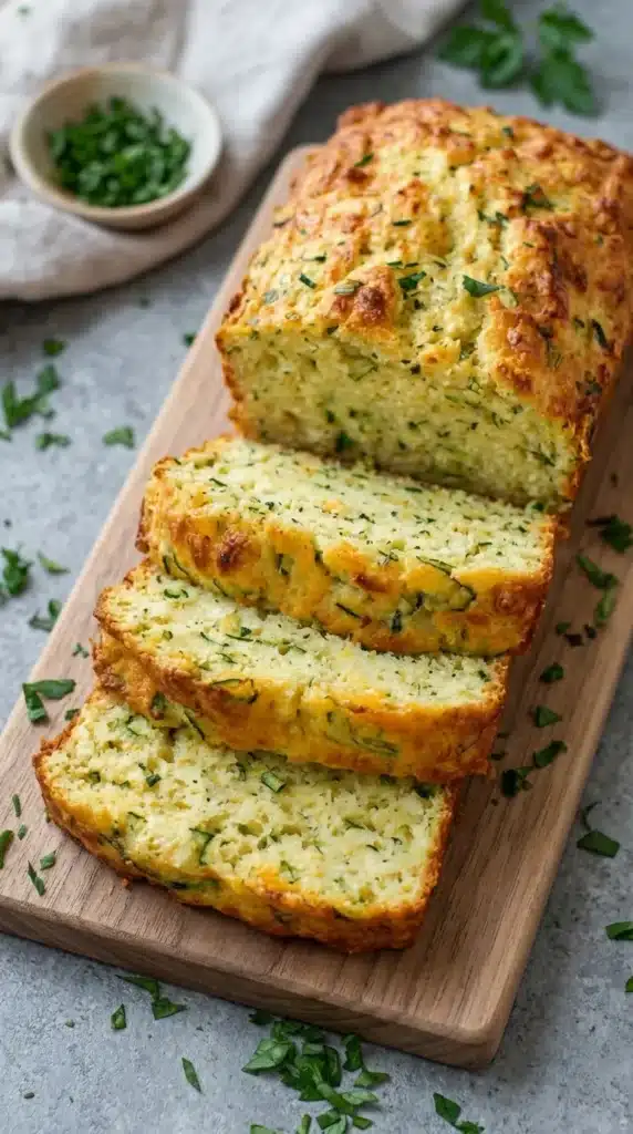Green Onion Zucchini Cheddar Bread sliced on wooden serving board