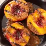 Grilled peaches with cinnamon and brown sugar in a rustic dish with caramelized glaze