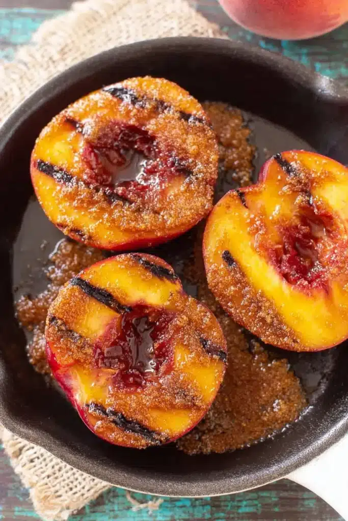 Grilled peaches with cinnamon and brown sugar in a rustic dish with caramelized glaze