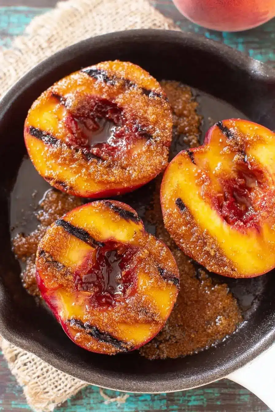 Grilled peaches with cinnamon and brown sugar in a rustic dish with caramelized glaze