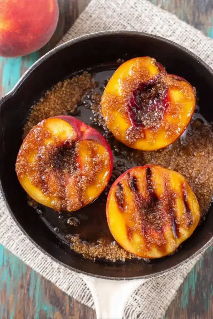 Grilled Peaches with Cinnamon and Brown Sugar caramelized in a rustic skillet