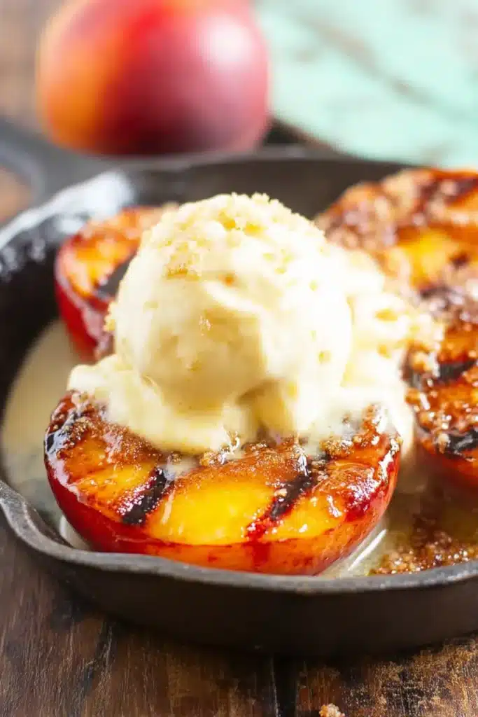 Grilled Peaches with Cinnamon and Brown Sugar topped with melting vanilla ice cream