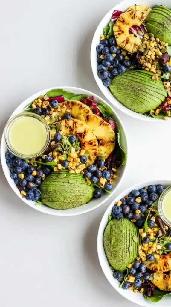 Grilled Pineapple Salad + Creamy Citrus Dressing with avocado and blueberries