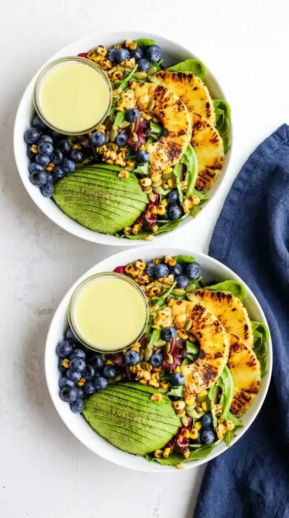 Grilled pineapple salad with avocado, blueberries, corn, and creamy citrus dressing