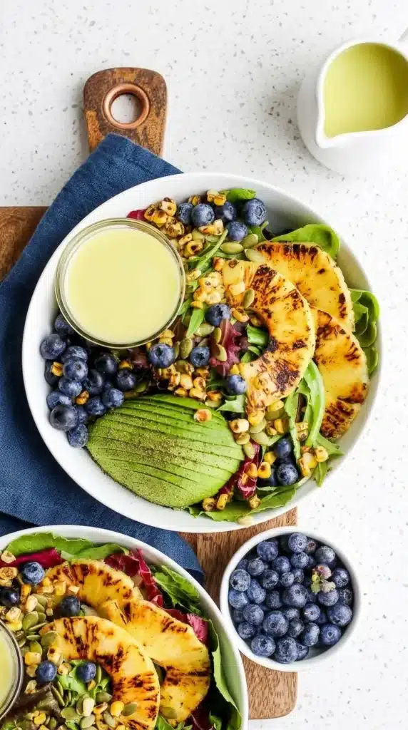 Grilled Pineapple Salad + Creamy Citrus Dressing served with avocado and blueberries