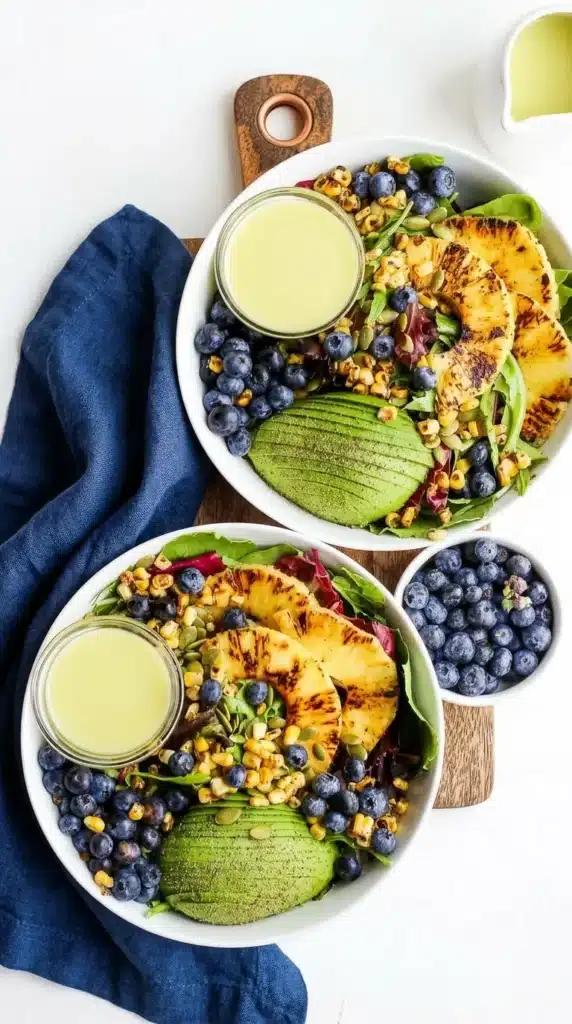 Grilled Pineapple Salad + Creamy Citrus Dressing with avocado and grilled pineapple