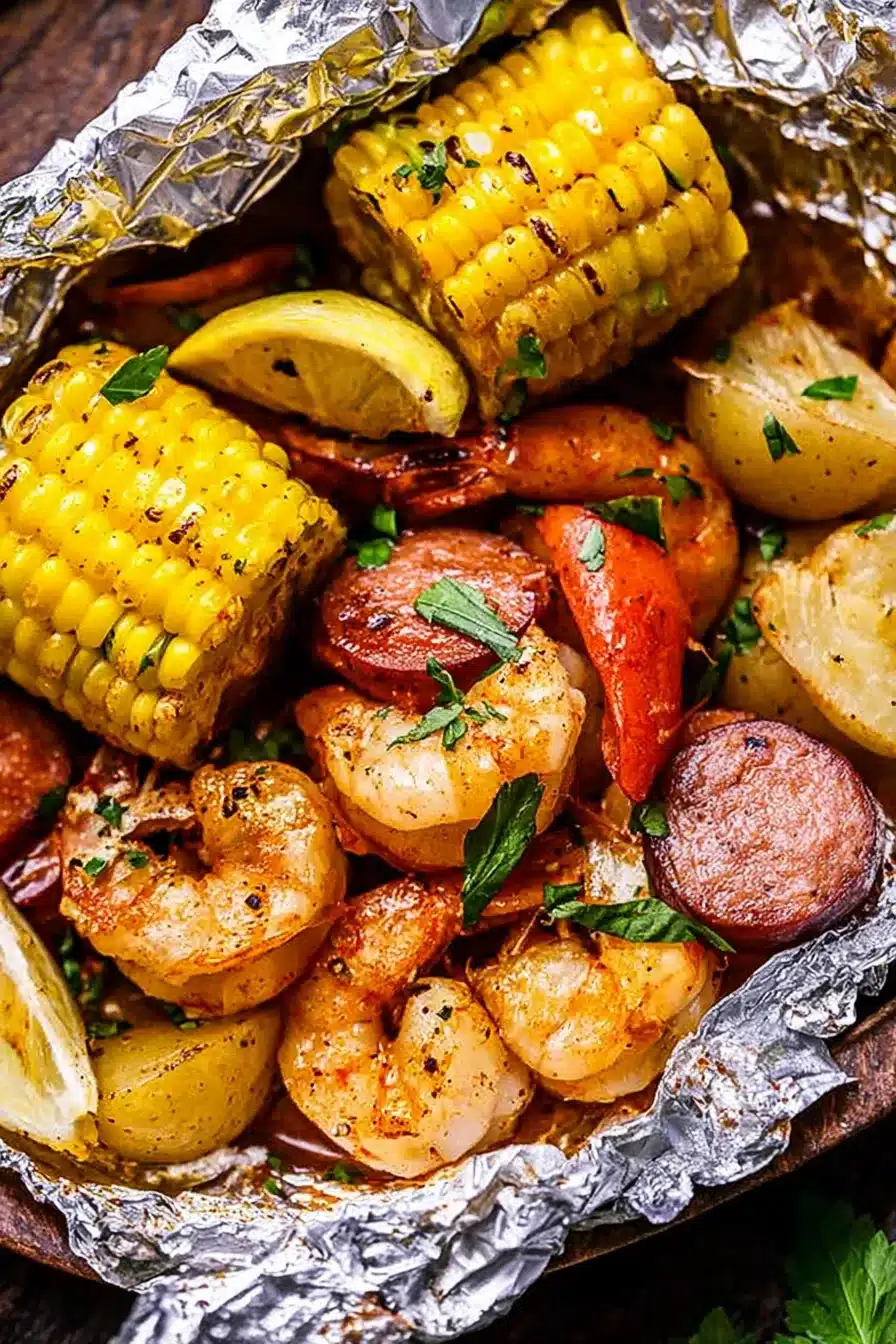 Grilled shrimp boil in foil packets with sausage, corn, potatoes, and Cajun seasoning