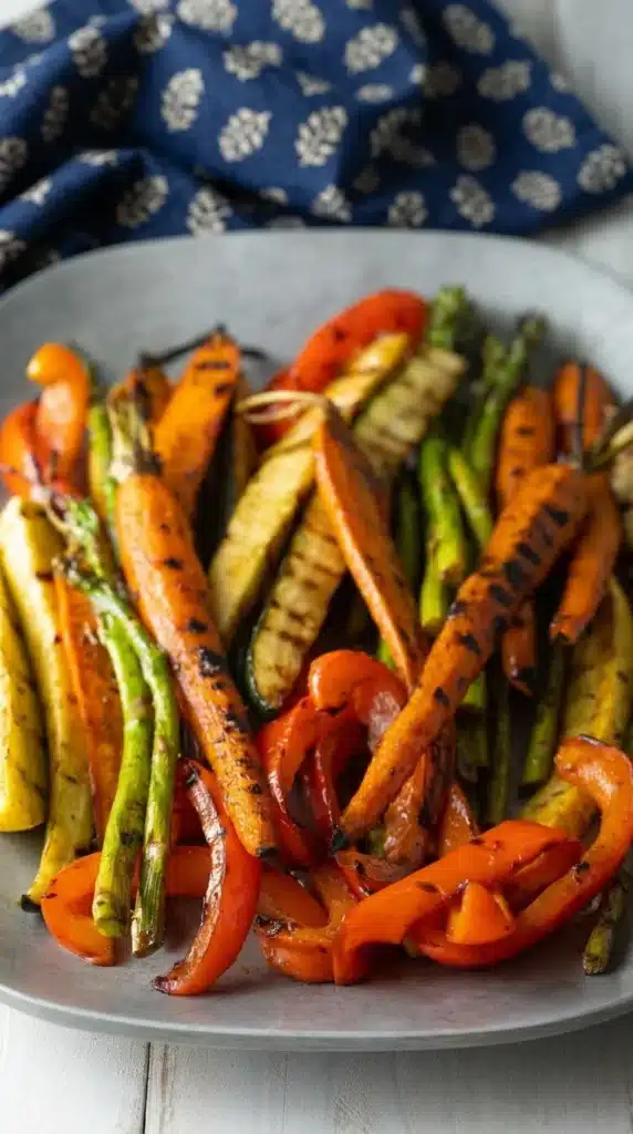 grilled vegetables marinade with charred carrots zucchini and peppers on plate