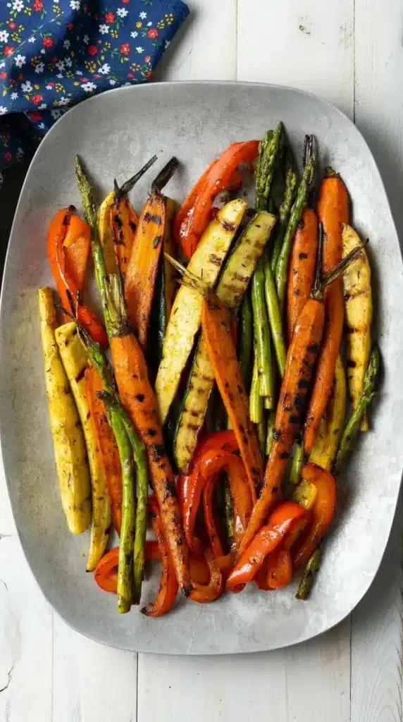 grilled vegetables marinade with carrots zucchini asparagus and peppers on plate