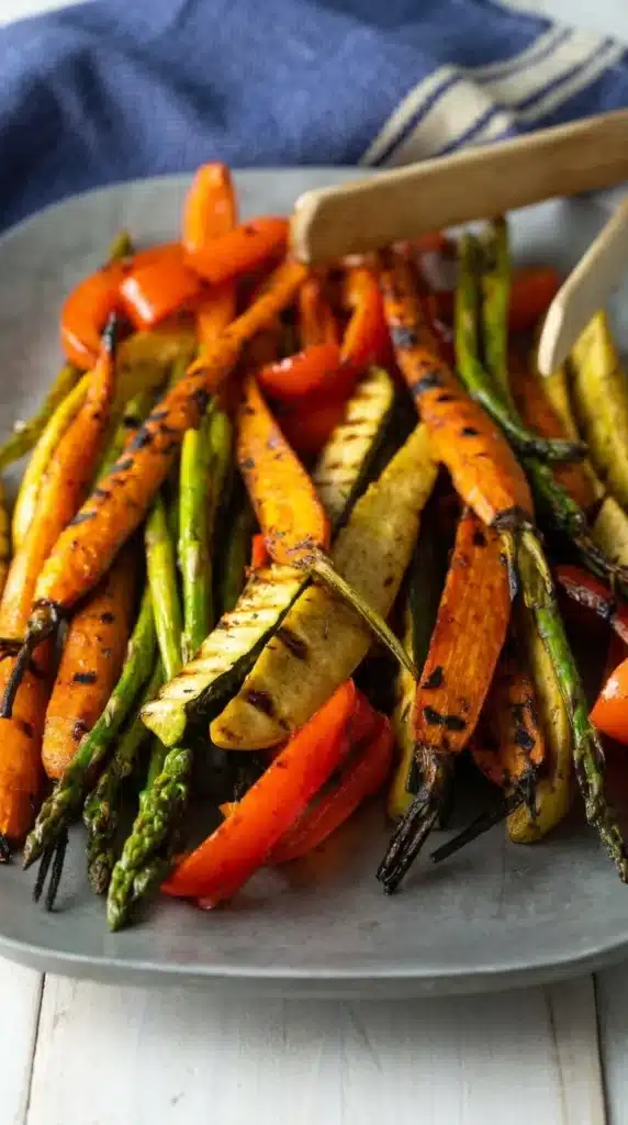 grilled vegetables marinade being tossed with carrots zucchini and peppers