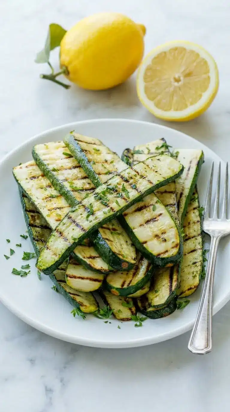 Grilled zucchini slices with lemon wedges and parsley on a ceramic plate