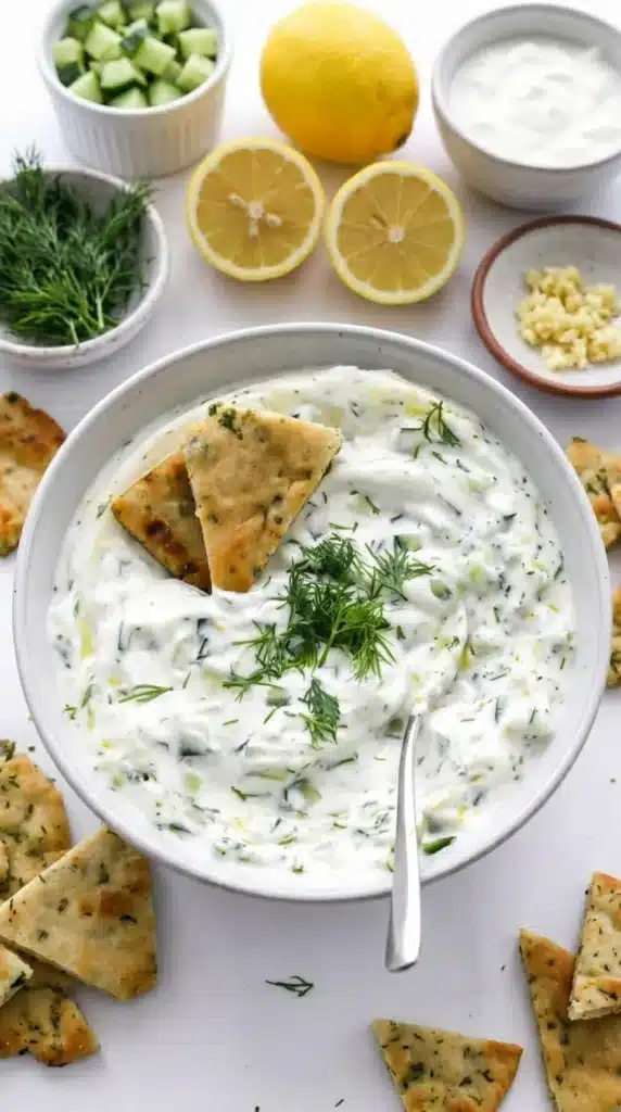Easy 10 Minute Healthy Tzatziki Sauce served with crispy pita chips