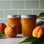 Peach Butter Recipe for Smooth Homemade Peach Spread 9 Homemade peach butter in glass jars with fresh peaches on a marble countertop
