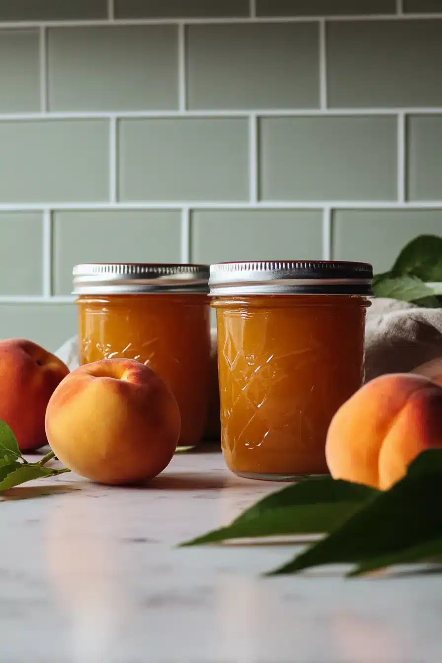 home 6 Homemade peach butter in glass jars with fresh peaches on a marble countertop