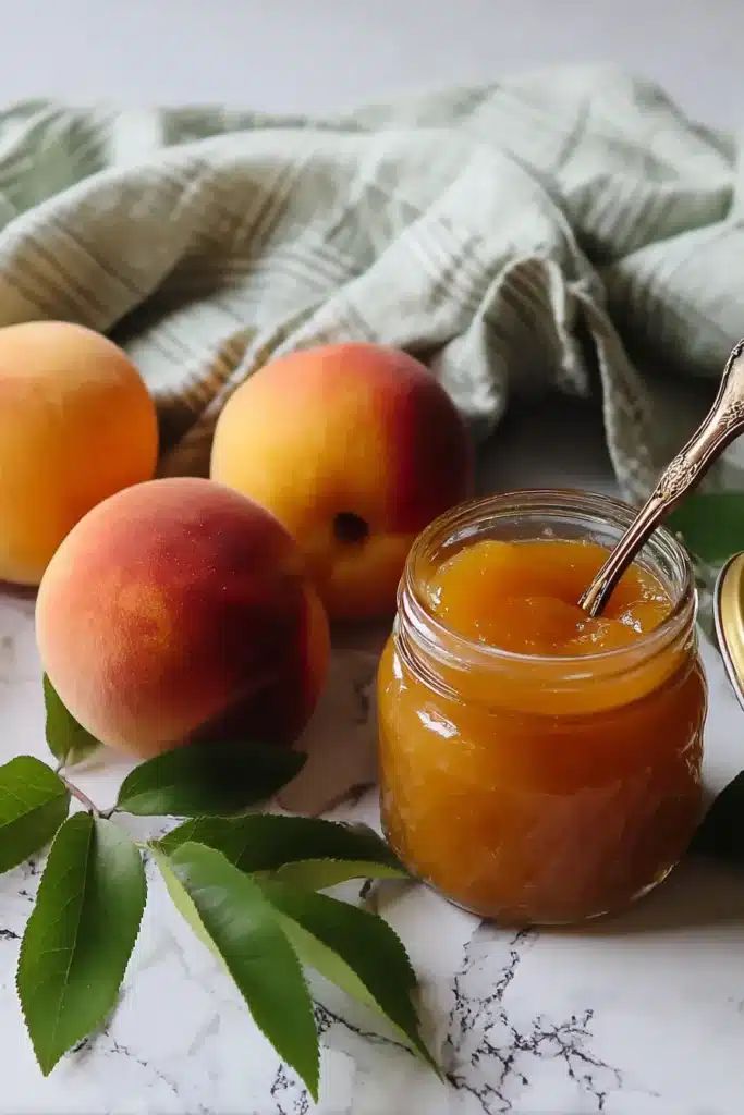 Peach Butter Recipe for Smooth Homemade Peach Spread 7 Peach Butter in a glass jar with fresh peaches and spoon on marble countertop