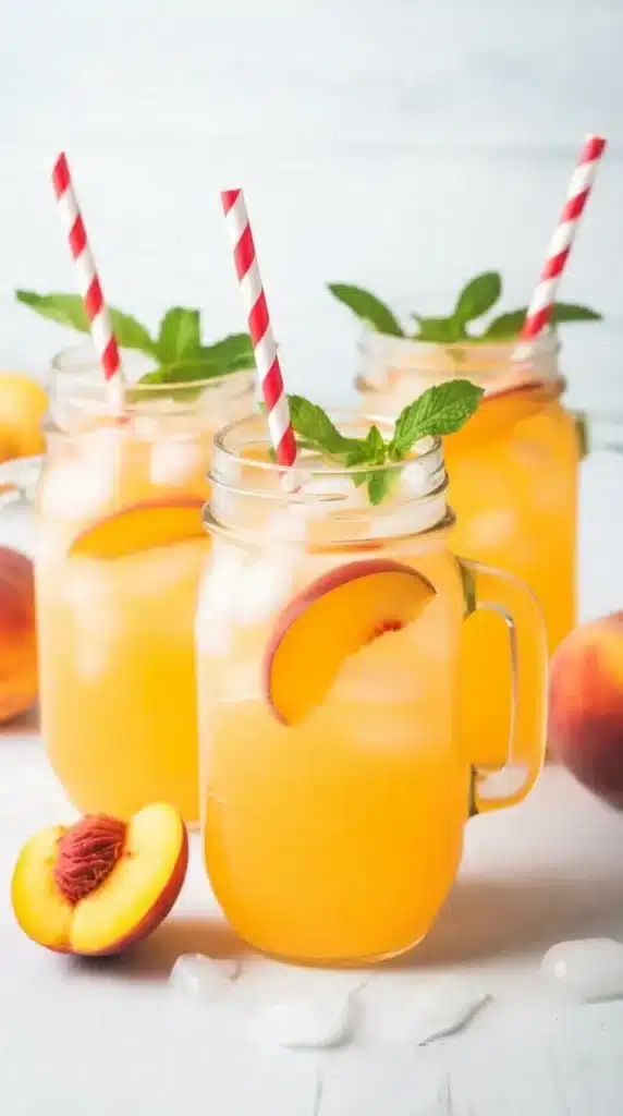 Homemade Peach Lemonade with mint, peach slices, and ice in mason jars