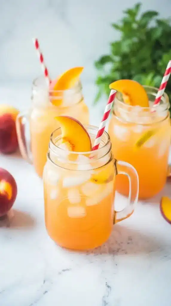 Homemade peach lemonade with fresh peaches and ice in glass tumblers