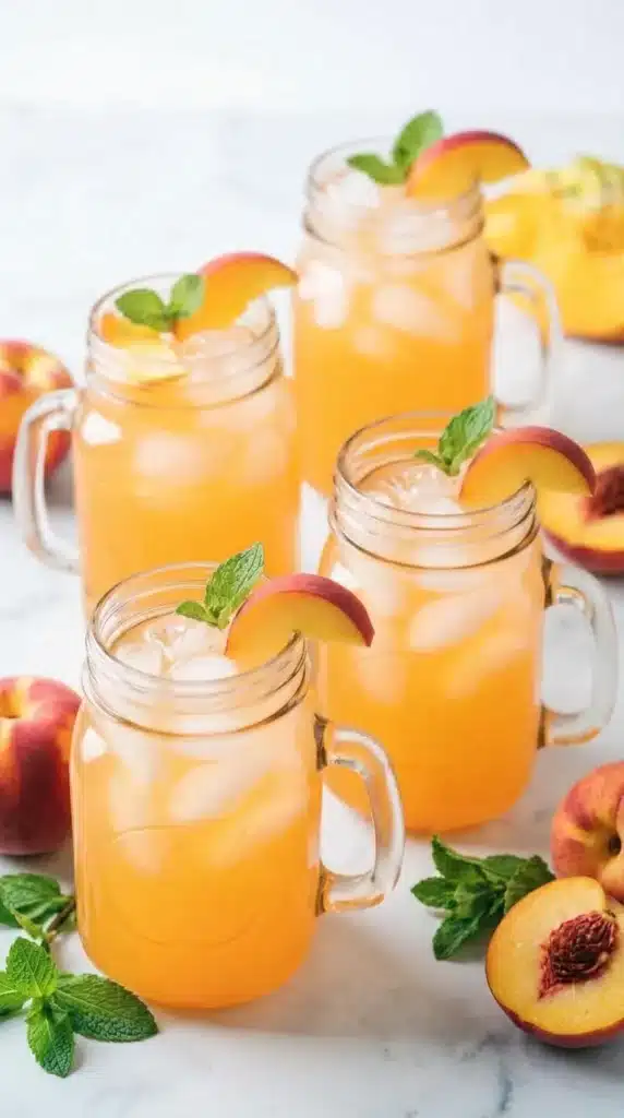 Homemade Peach Lemonade served over ice with peach slices and mint