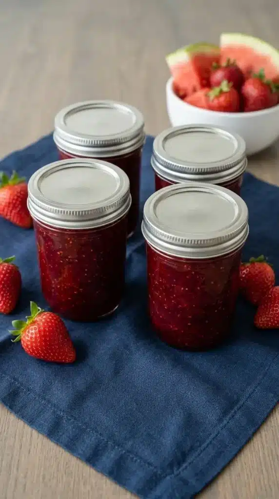Strawberry Watermelon Jam in a textured jar with glossy homemade fruit preserves