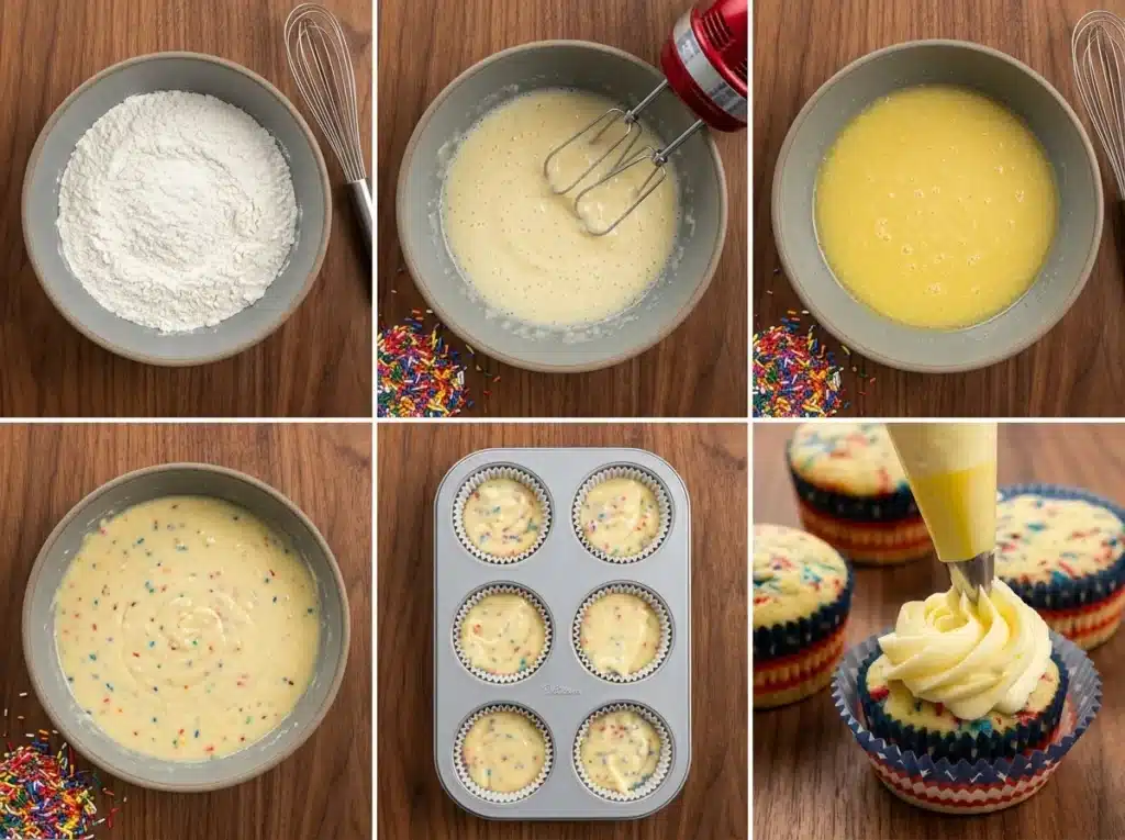Step by step Fireworks Funfetti Cupcakes baking process collage
