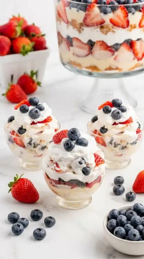 4th of July Trifle Recipe That Feels Amazing 6 Individual 4th of July Trifle cups with strawberries blueberries and whipped cream