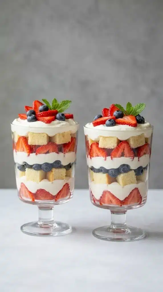 Mixed Berry Trifle Recipe That Feels Fresh and Amazing 6 Individual mixed berry trifle cups with strawberries, blueberries, and cream layers