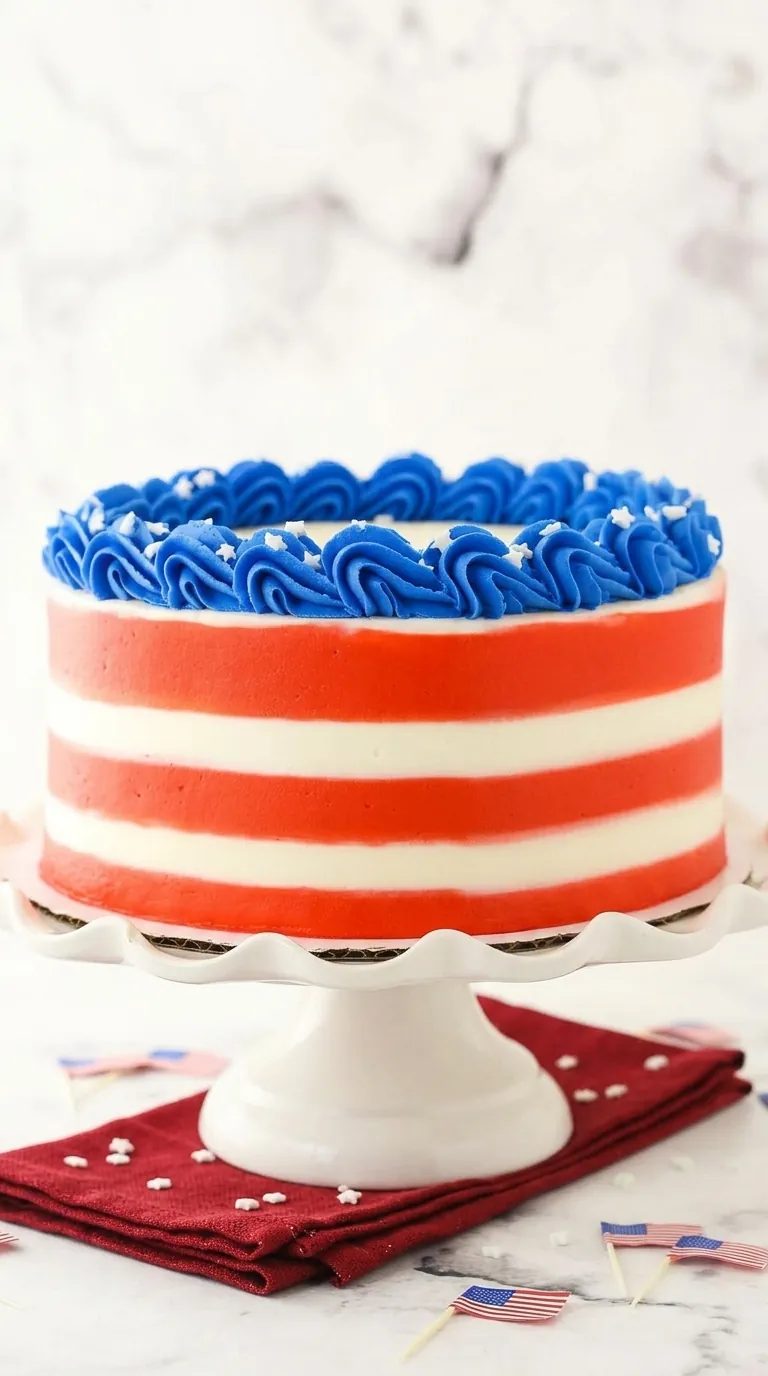 July 4th Marble Cake Recipe That Looks Amazing 5 July 4th Marble Cake with red white and blue buttercream frosting on a cake stand