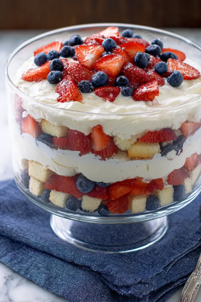 Patriotic Trifle Dessert layered with strawberries blueberries and whipped cream