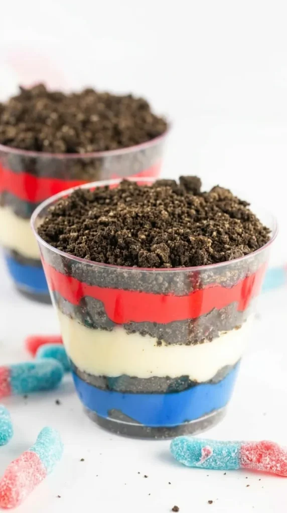 Red White and Blue Dirt Cups with layered pudding and Oreo crumbs