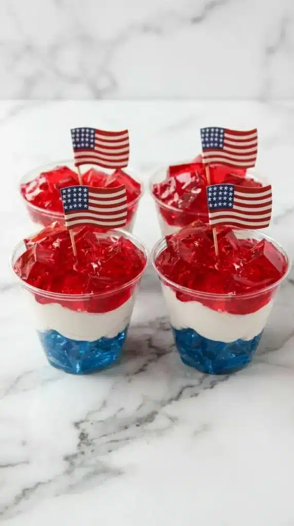 Red, White and Blue Jello Cups That Everyone Loves 6 Red White and Blue Jello Cups with whipped cream and patriotic flags