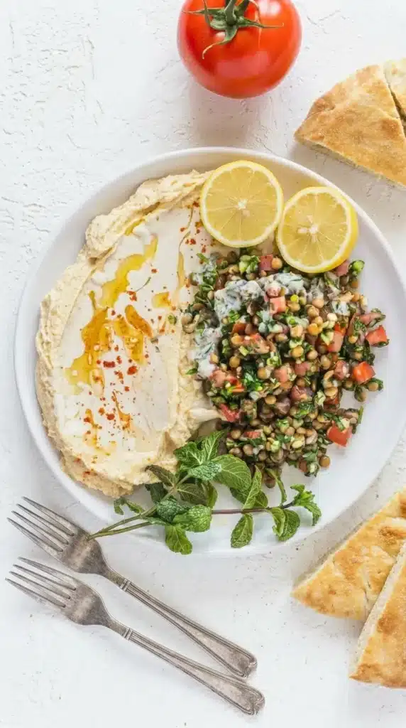Lentil Tabbouleh Easy Fresh Mediterranean Salad 6 Lentil Tabbouleh ingredients in a bowl with herbs, tomatoes, and lentils