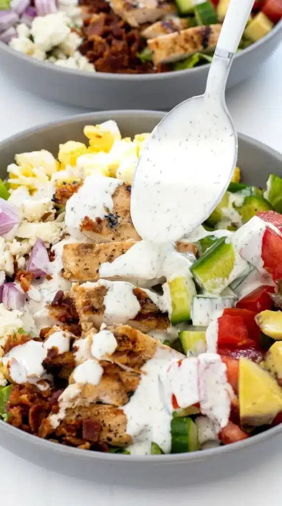 Chicken Cobb Salad with grilled chicken, eggs, avocado, bacon, and ranch dressing