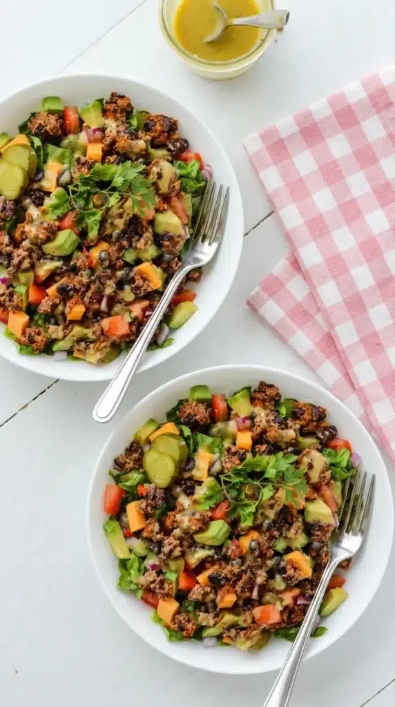 Loaded Veggie Burger Salad with avocado, cheddar, pickles, and crispy veggie burger crumbles