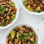 Loaded veggie burger salad with avocado, cheddar, pickles, and crispy veggie burger crumbles