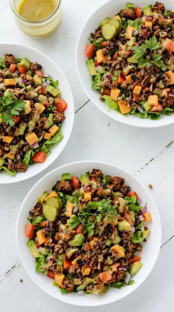 Loaded veggie burger salad with avocado, cheddar, pickles, and crispy veggie burger crumbles