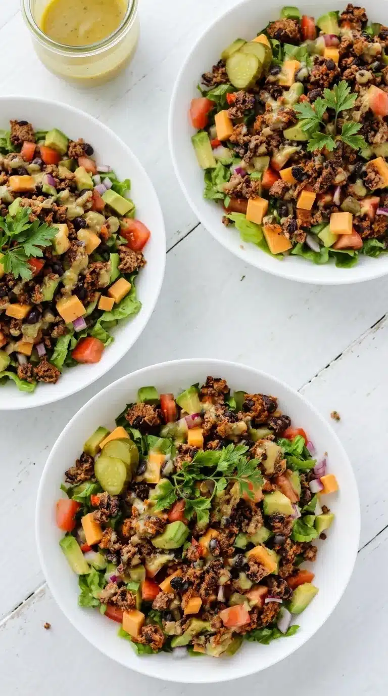 Loaded veggie burger salad with avocado, cheddar, pickles, and crispy veggie burger crumbles