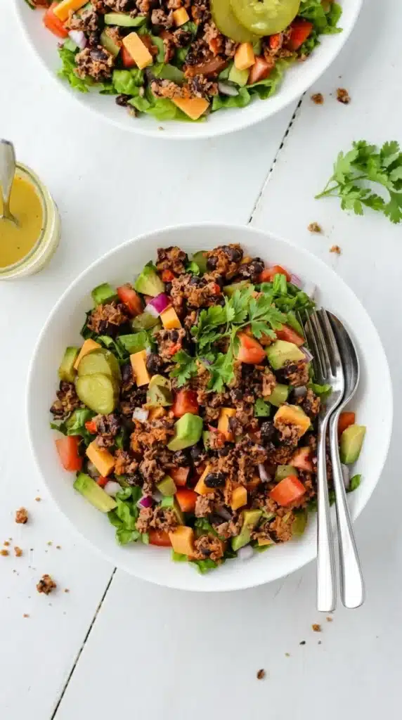 Loaded Veggie Burger Salad bowls with avocado, cheddar, and crispy veggie burger crumbles