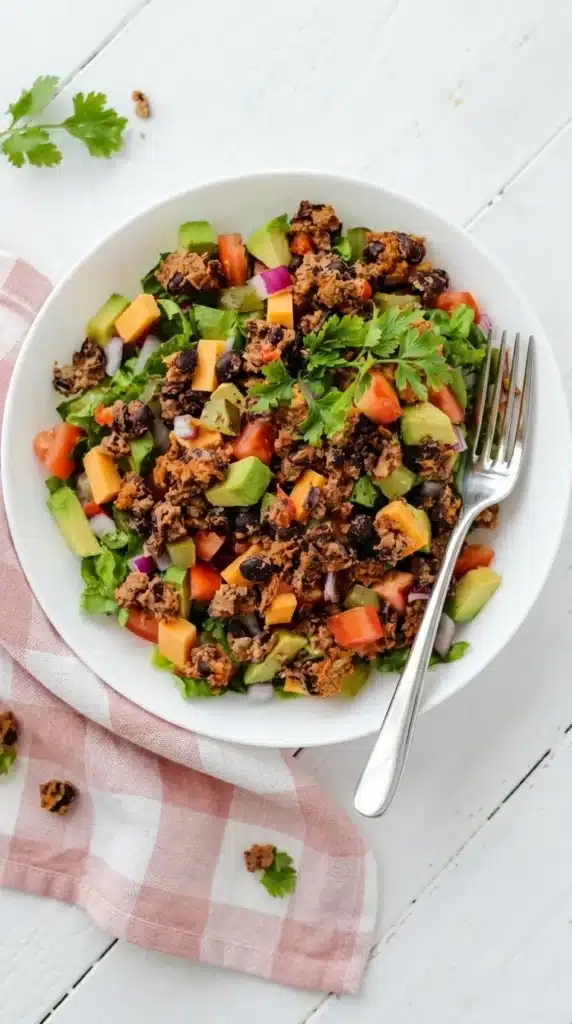 Loaded Veggie Burger Salad with crispy veggie burger crumbles and fresh vegetables