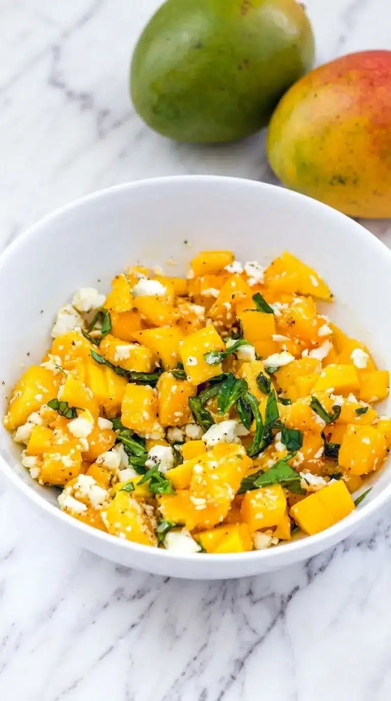 Mango and feta salad with fresh basil and olive oil in a bowl