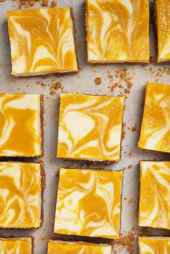 Mango cheesecake bars with creamy filling and glossy mango swirl topping
