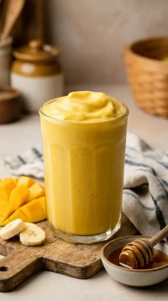 Mango coconut milk smoothie in glass with fresh mango slices and honey