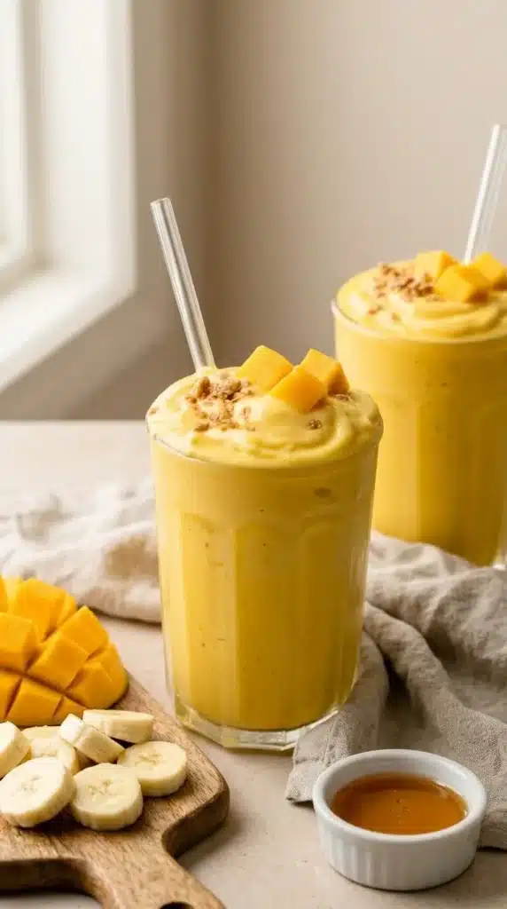 Mango Coconut Milk Smoothie topped with mango chunks and served in glass