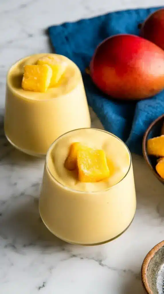 Mango smoothie recipe served in cups topped with mango chunks on marble surface