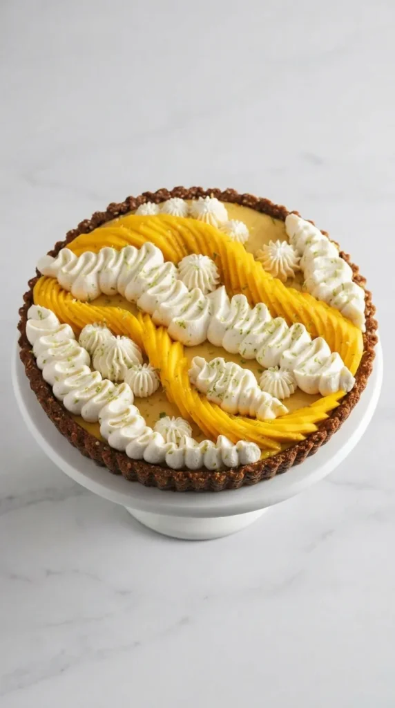 Creamy mango tart with fresh mango slices and Biscoff crust