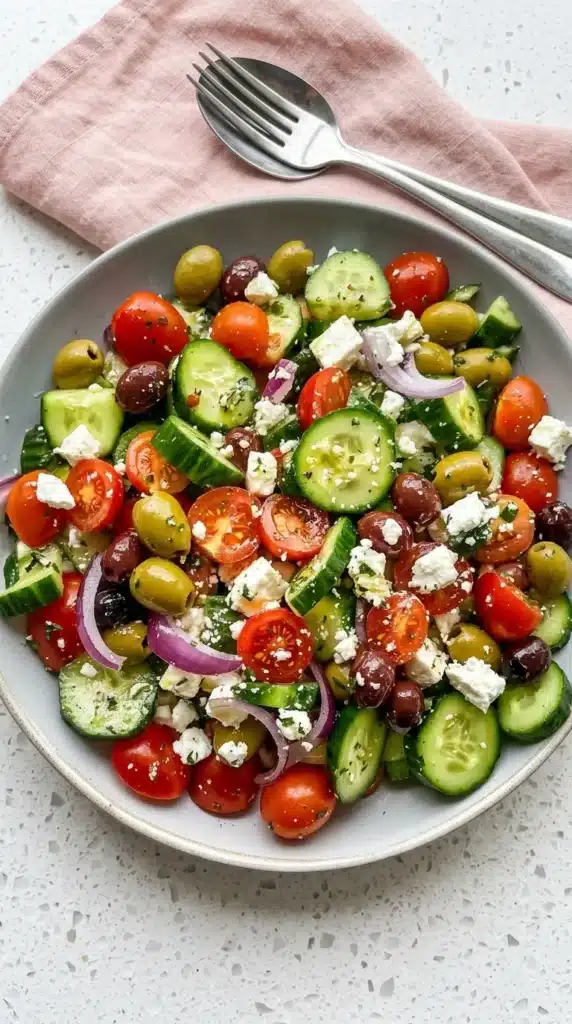 Greek Salad Recipe served in a bowl with feta, olives, cucumbers, and tomatoes