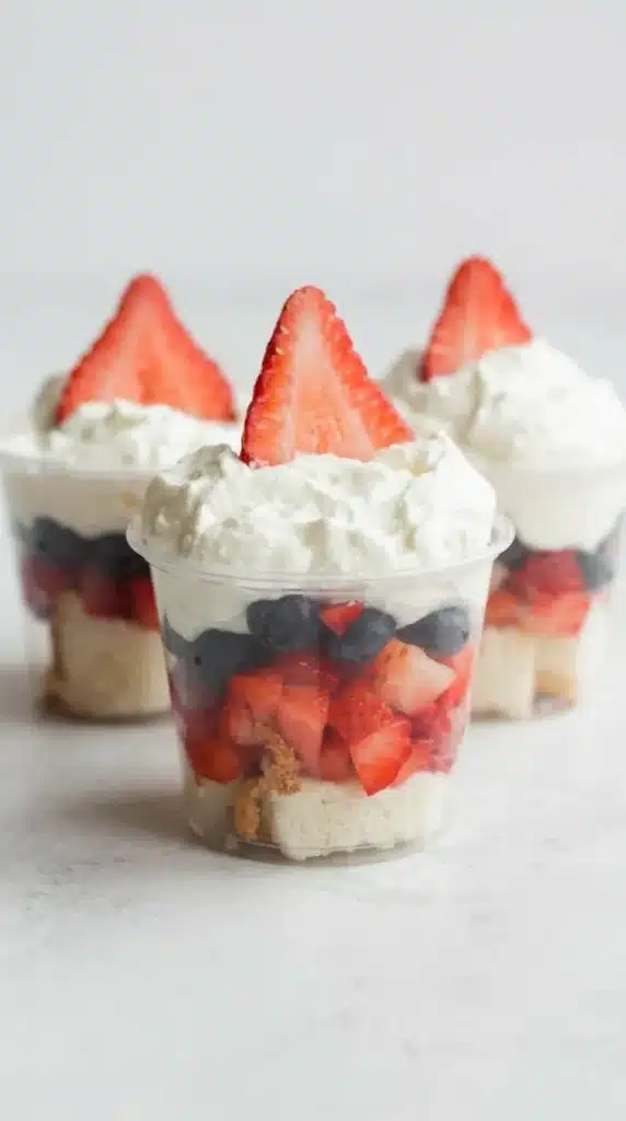 Mini shortcake cups with strawberries, blueberries, whipped cream, and angel food cake
