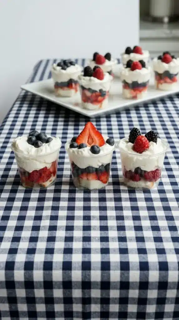 Mini Shortcake Cups with mixed berries and whipped cream on a picnic table